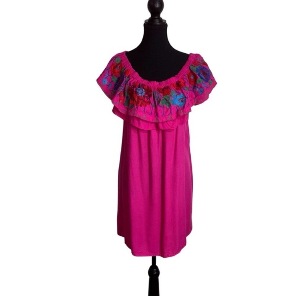 💐Umgee Women's Ruffled Floral Embroidery Dress Large Pink
